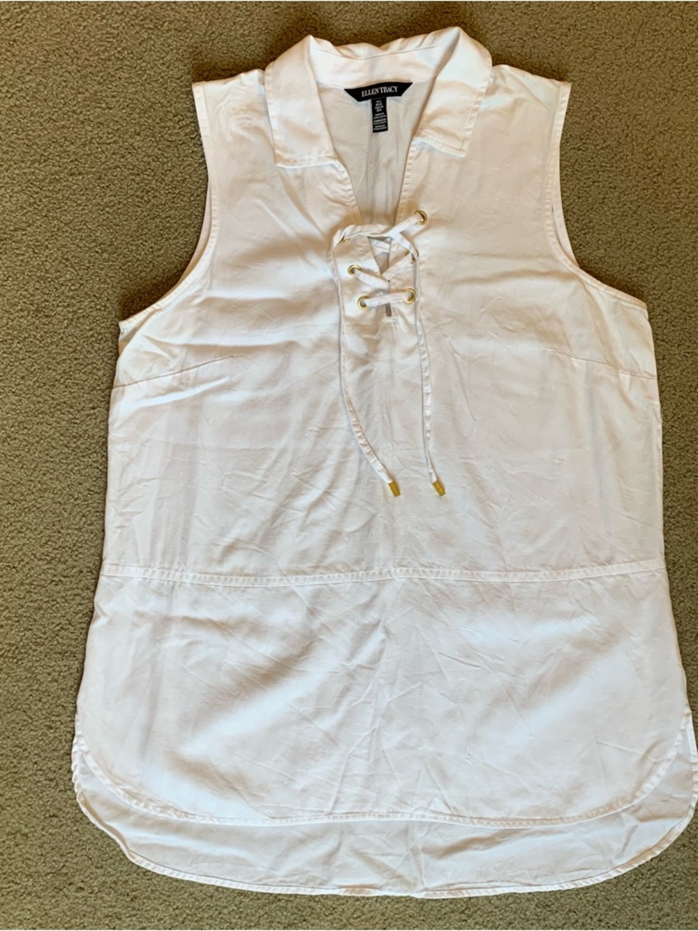 Ellen Tracy White Sleeveless Top L Lace Up Collar Tunic Tencel Hi Lo Boho Beach